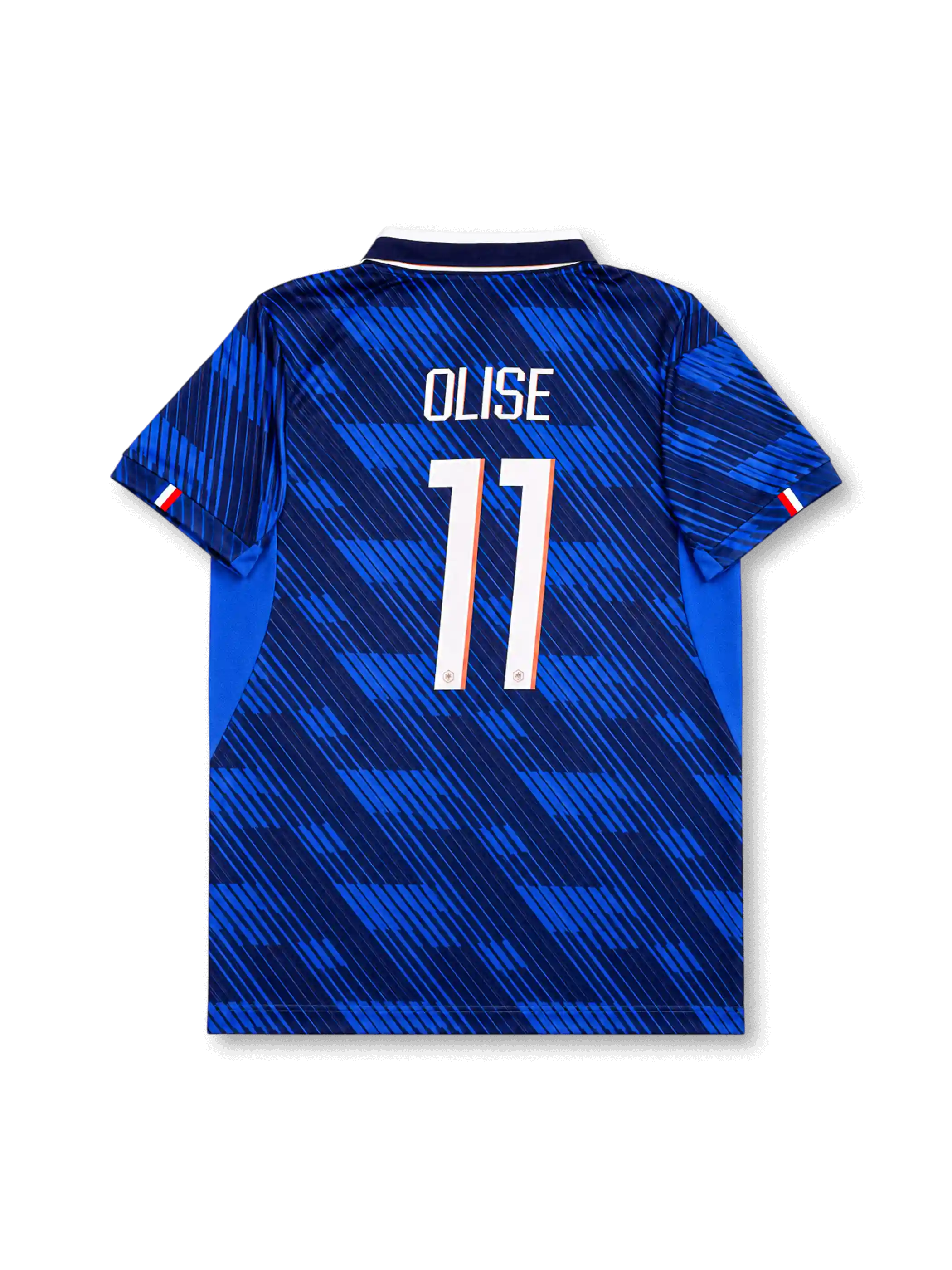 Front view of France 2026 home shirt for Michael Olise #11 with FFF crest, white fold-over collar, and tonal blue graphic pattern.