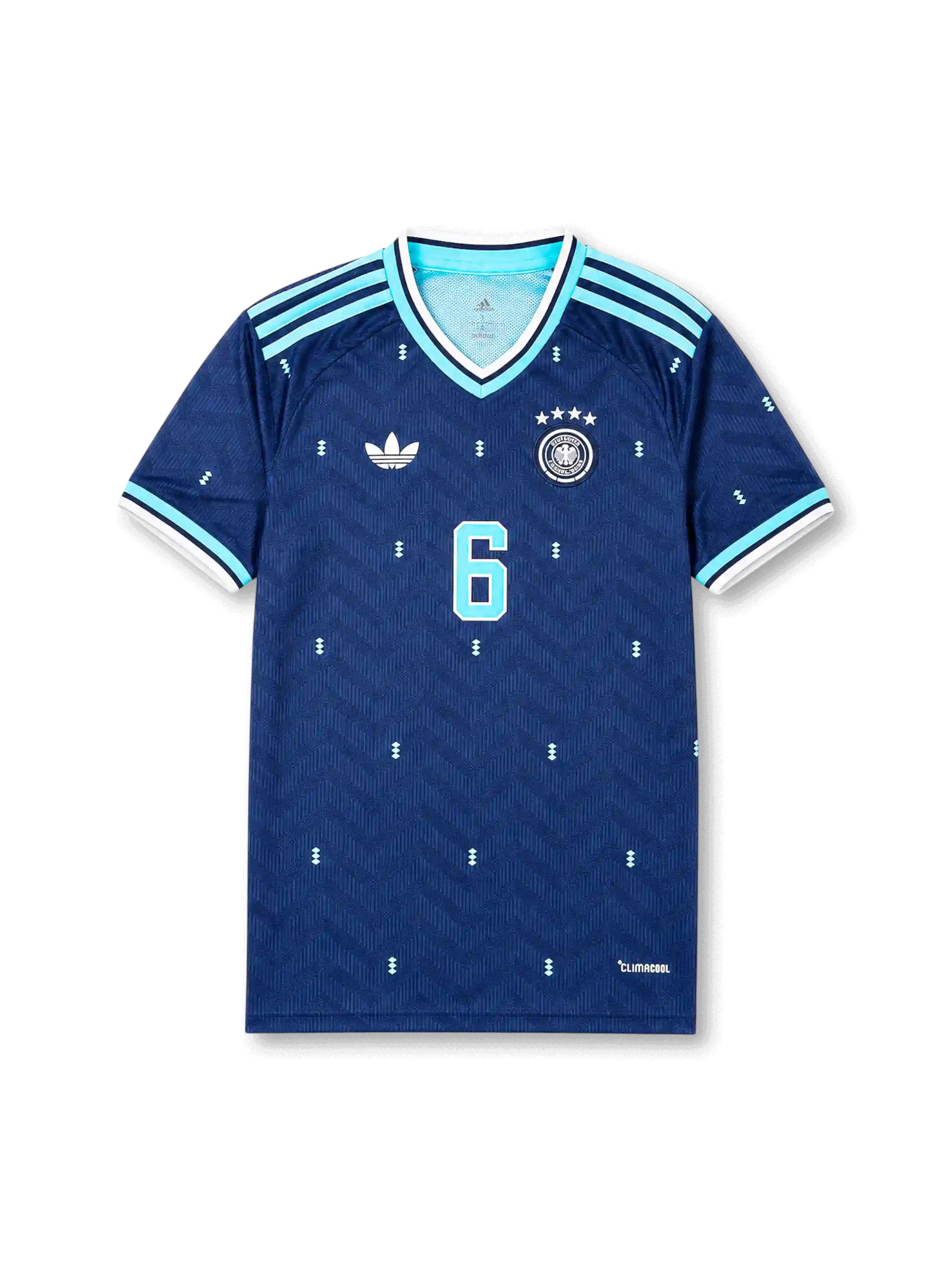 Front view of Germany 2026 away shirt with Joshua Kimmich #6, DFB crest with four stars, Trefoil logo, and navy base with light blue accents.