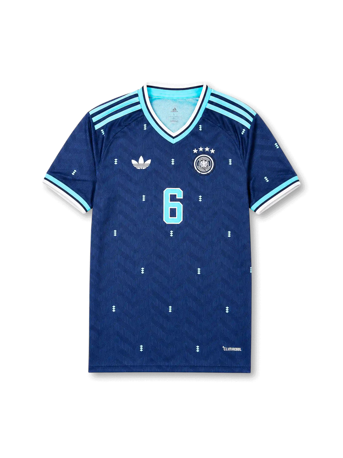 Front view of Germany 2026 away shirt with Joshua Kimmich #6, DFB crest with four stars, Trefoil logo, and navy base with light blue accents.