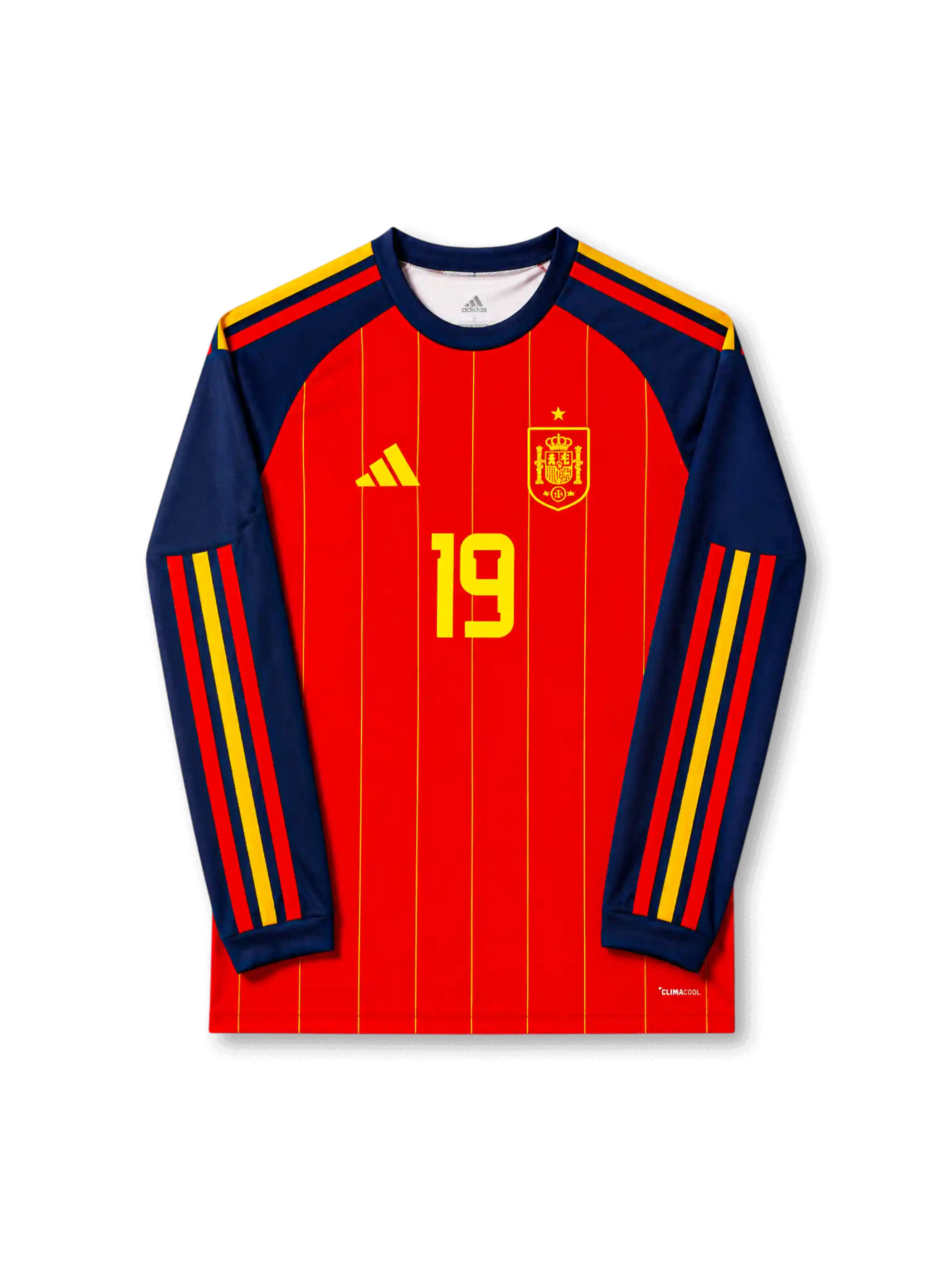 Front view of Spain 2026 home long sleeve shirt with Lamine Yamal #19, Spain crest, and yellow pinstripe design.