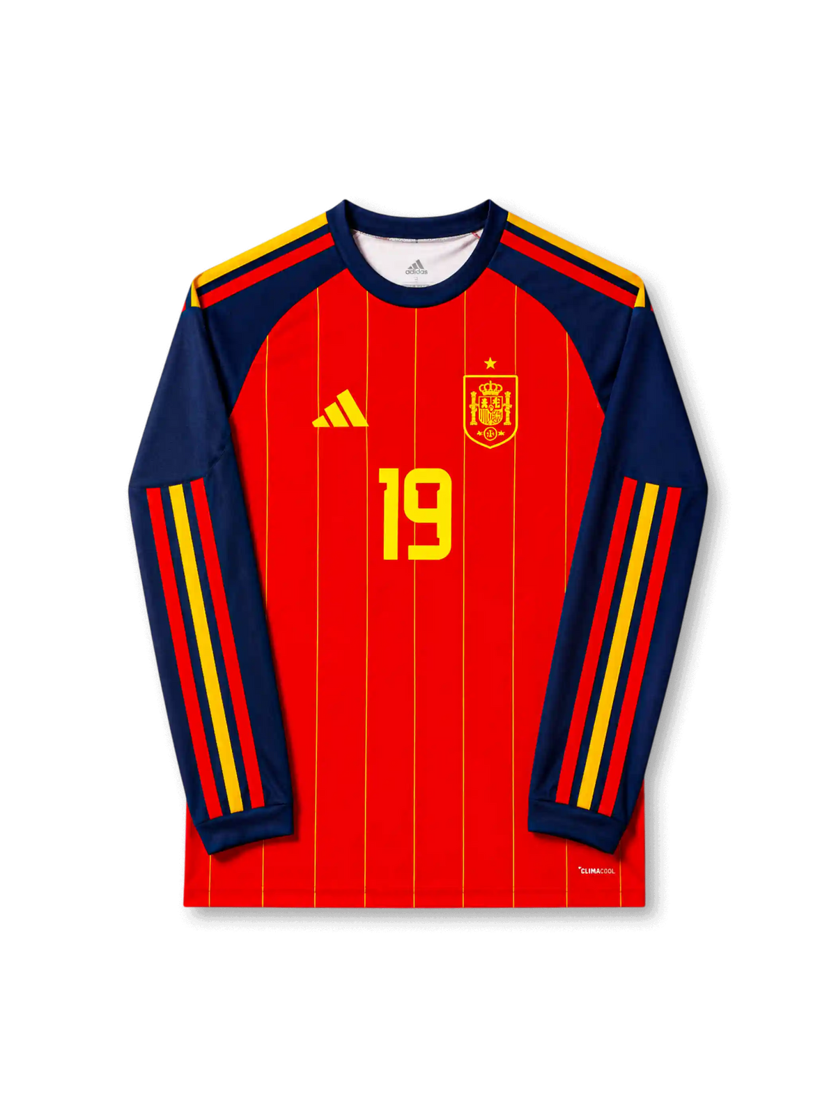 Front view of Spain 2026 home long sleeve shirt with Lamine Yamal #19, Spain crest, and yellow pinstripe design.