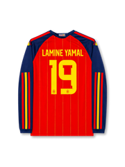 Back view of Spain 2026 home long sleeve shirt with LAMINE YAMAL name-set and number 19.