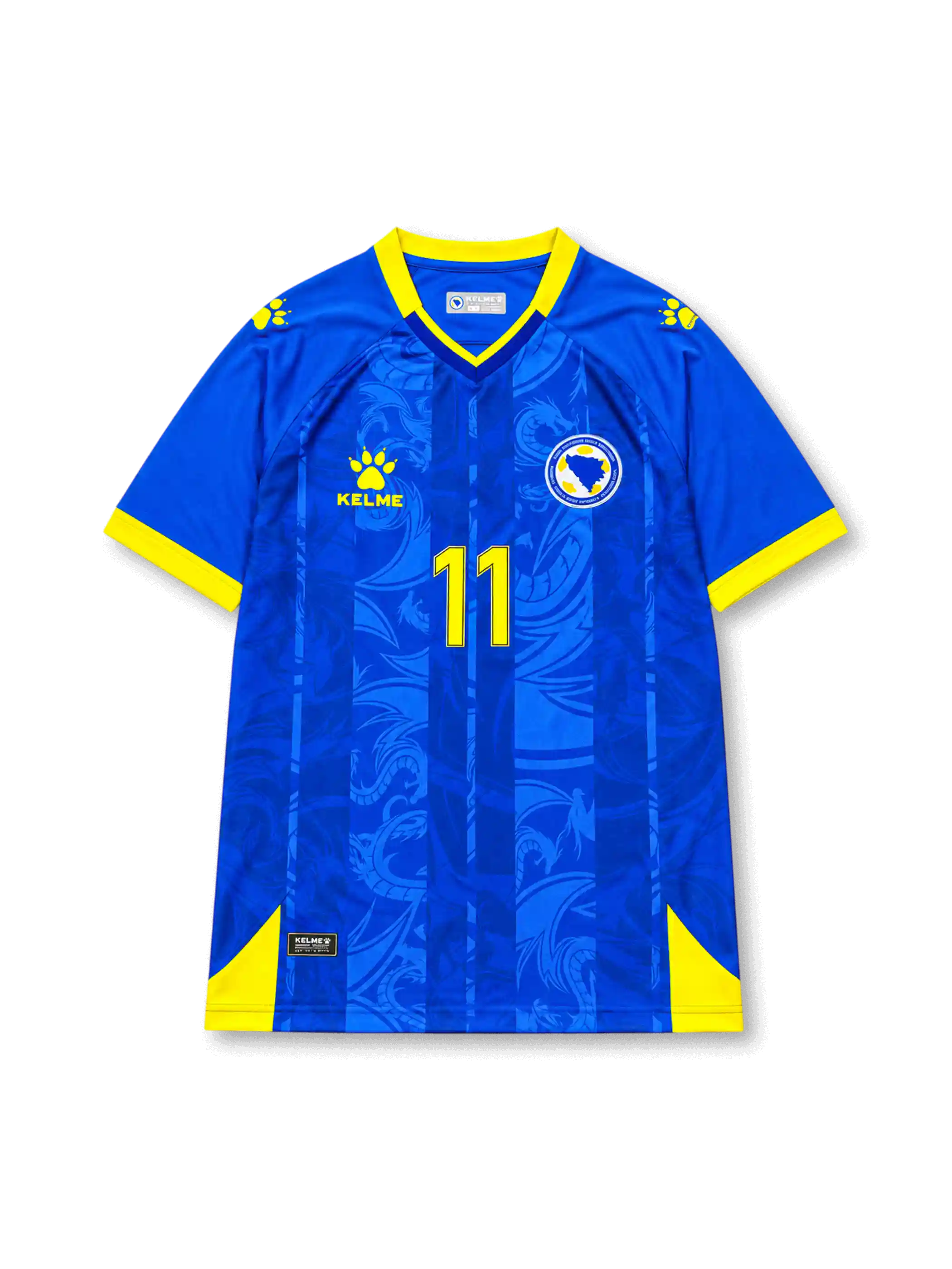 Front view of Bosnia and Herzegovina 2026 home shirt with Edin Džeko #11, federation crest, and tonal blue graphic design.