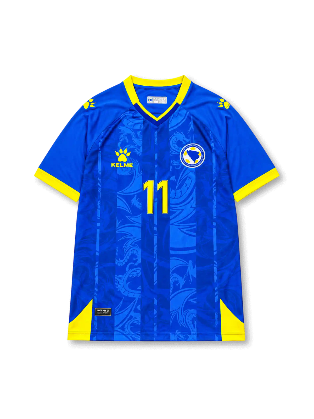 Front view of Bosnia and Herzegovina 2026 home shirt with Edin Džeko #11, federation crest, and tonal blue graphic design.