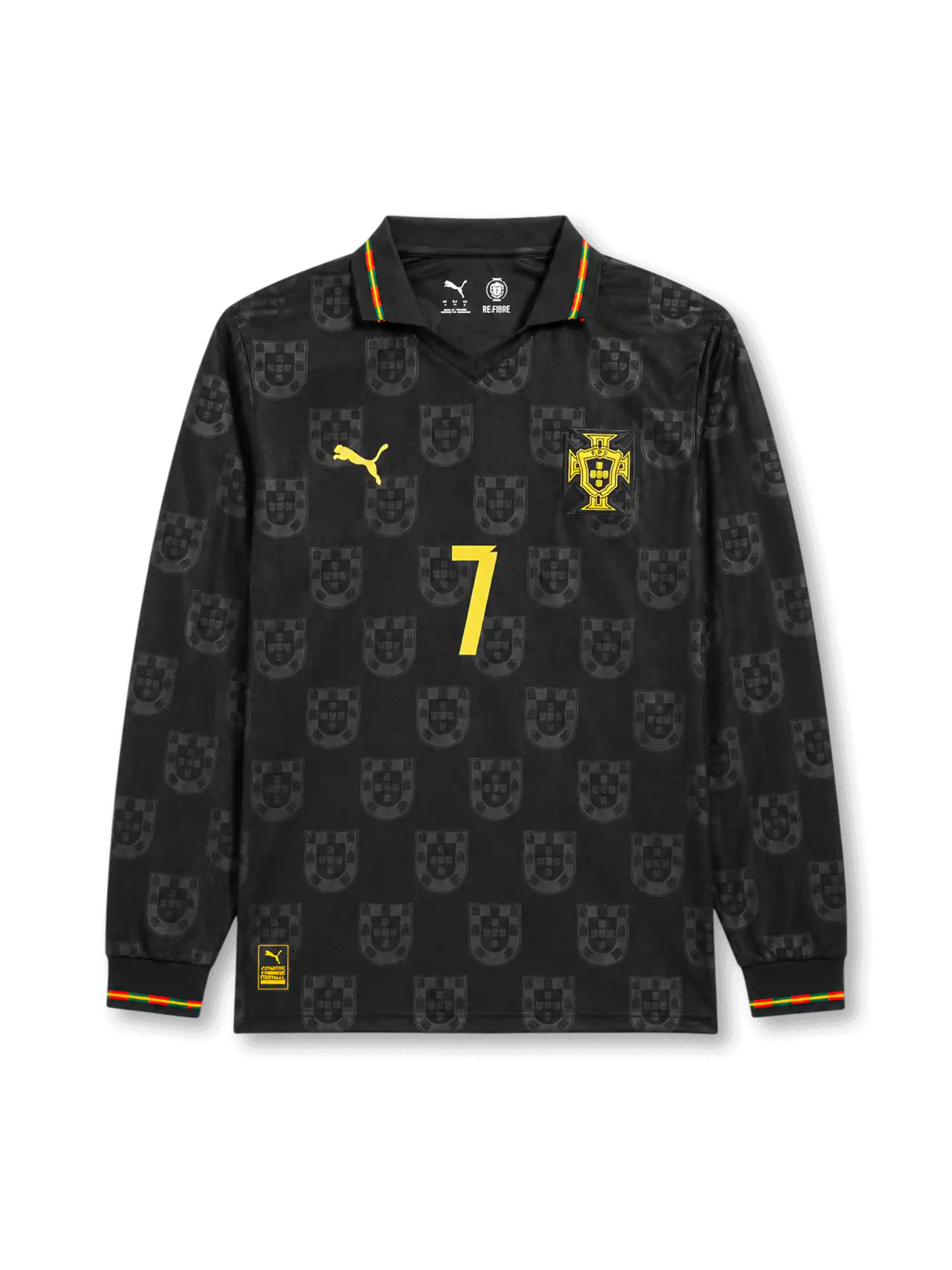 Front view of Portugal 2026 black long sleeve special edition shirt with Cristiano Ronaldo #7, Portugal crest, gold PUMA logo, and tonal repeating crest pattern.
