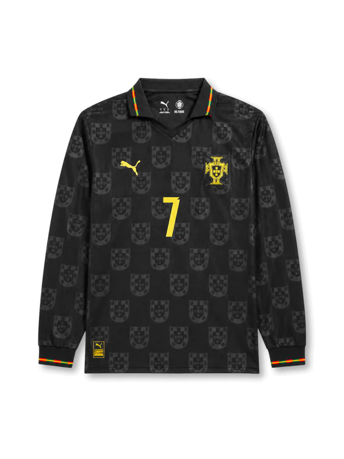 Front view of Portugal 2026 black long sleeve special edition shirt with Cristiano Ronaldo #7, Portugal crest, gold PUMA logo, and tonal repeating crest pattern.