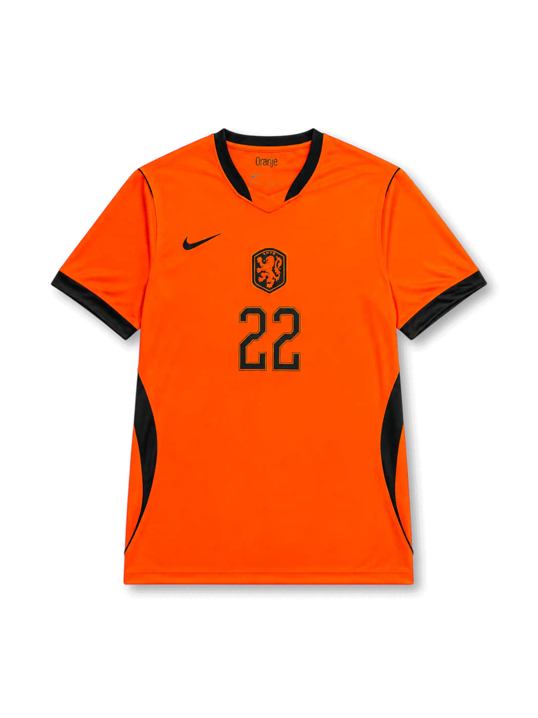 Front view of Netherlands 2026 home shirt with Denzel Dumfries #22, KNVB crest, and black-trimmed Oranje design.