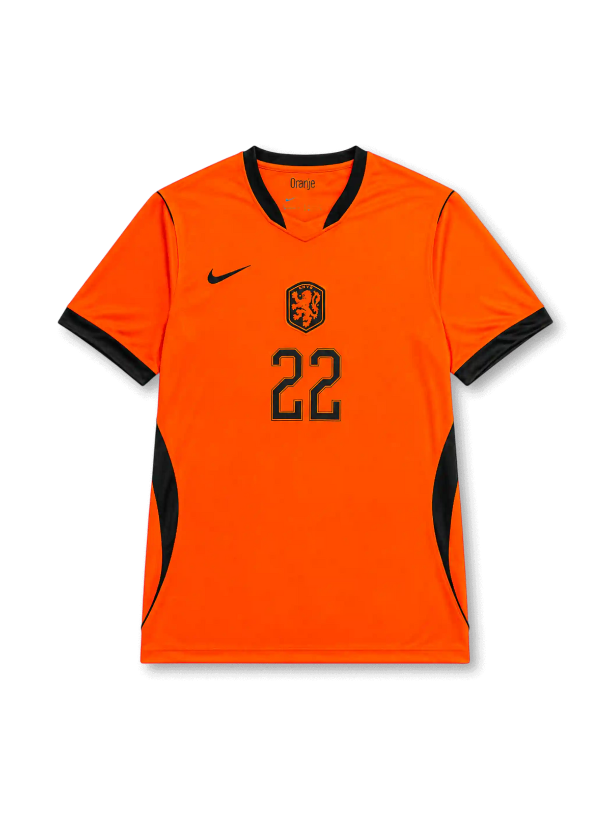 Front view of Netherlands 2026 home shirt with Denzel Dumfries #22, KNVB crest, and black-trimmed Oranje design.