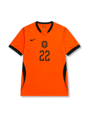 Front view of Netherlands 2026 home shirt with Denzel Dumfries #22, KNVB crest, and black-trimmed Oranje design.