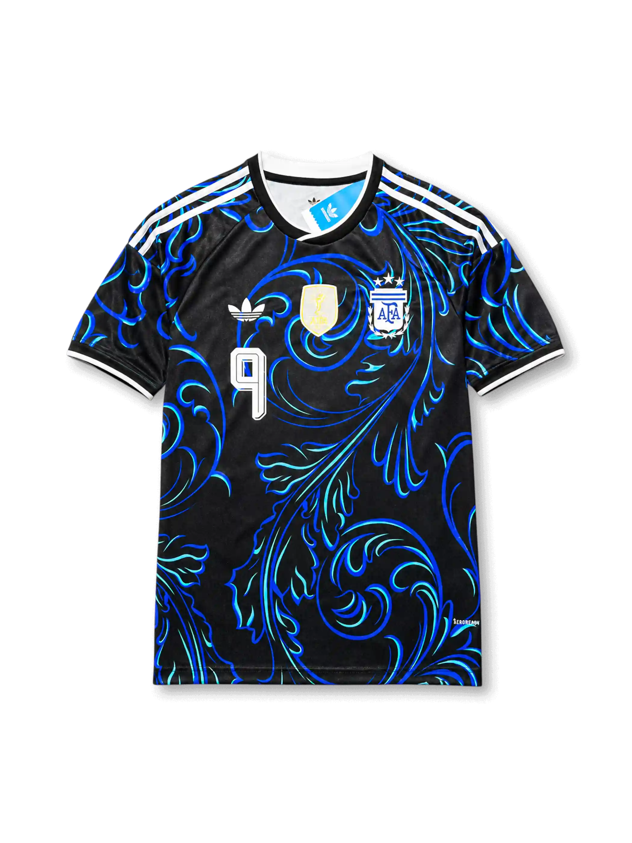 Front view of Argentina 2026 away shirt with Julián Álvarez #9, AFA crest, centered gold FIFA champions badge, and black-and-blue ornamental design.