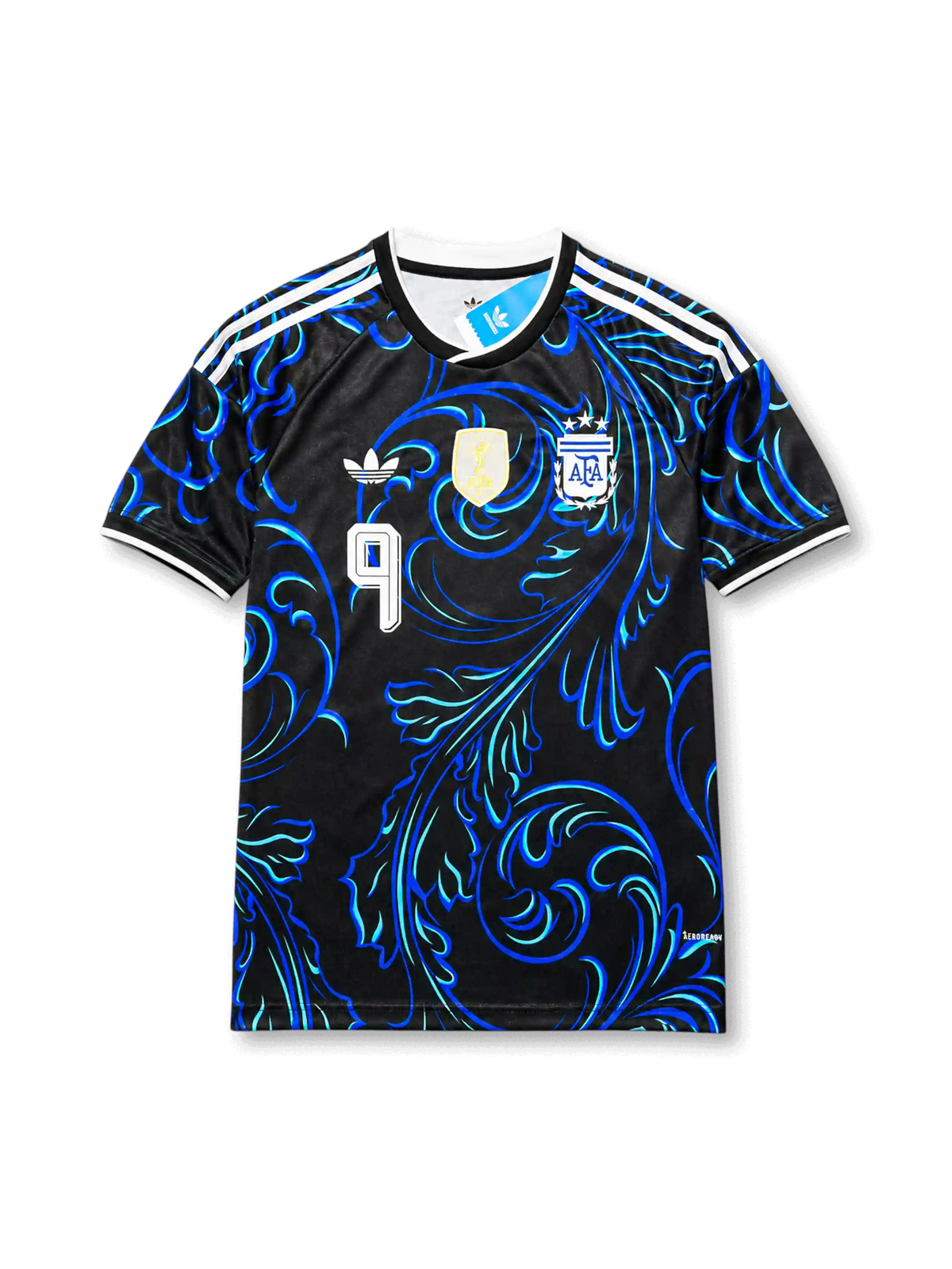 Front view of Argentina 2026 away shirt with Julián Álvarez #9, AFA crest, centered gold FIFA champions badge, and black-and-blue ornamental design.