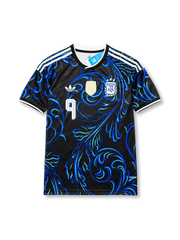 Front view of Argentina 2026 away shirt with Julián Álvarez #9, AFA crest, centered gold FIFA champions badge, and black-and-blue ornamental design.