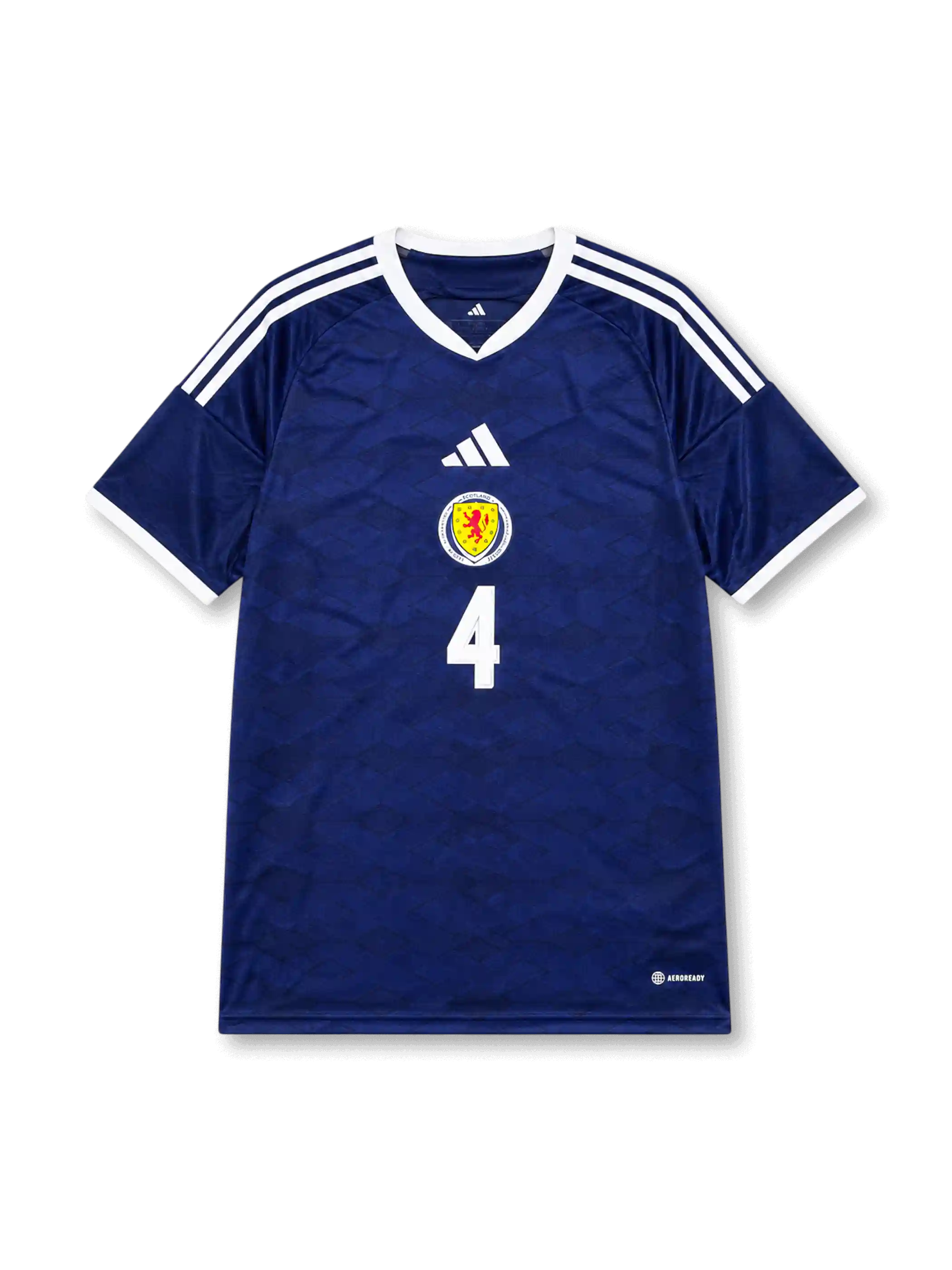 Front view of Scotland 2026 home shirt with number 4, Scotland crest, white shoulder stripes, and blue home design.