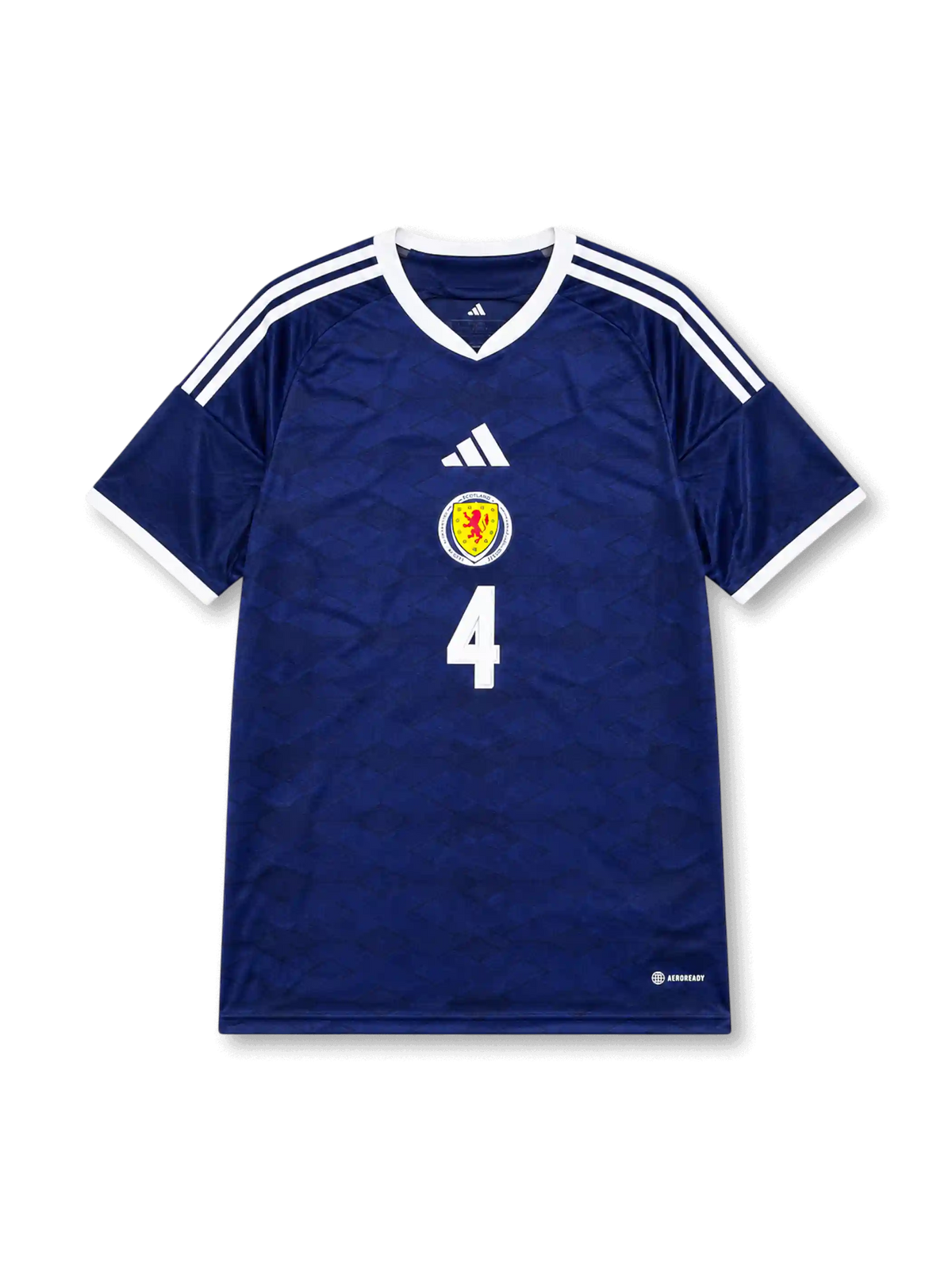 Front view of Scotland 2026 home shirt with number 4, Scotland crest, white shoulder stripes, and blue home design.