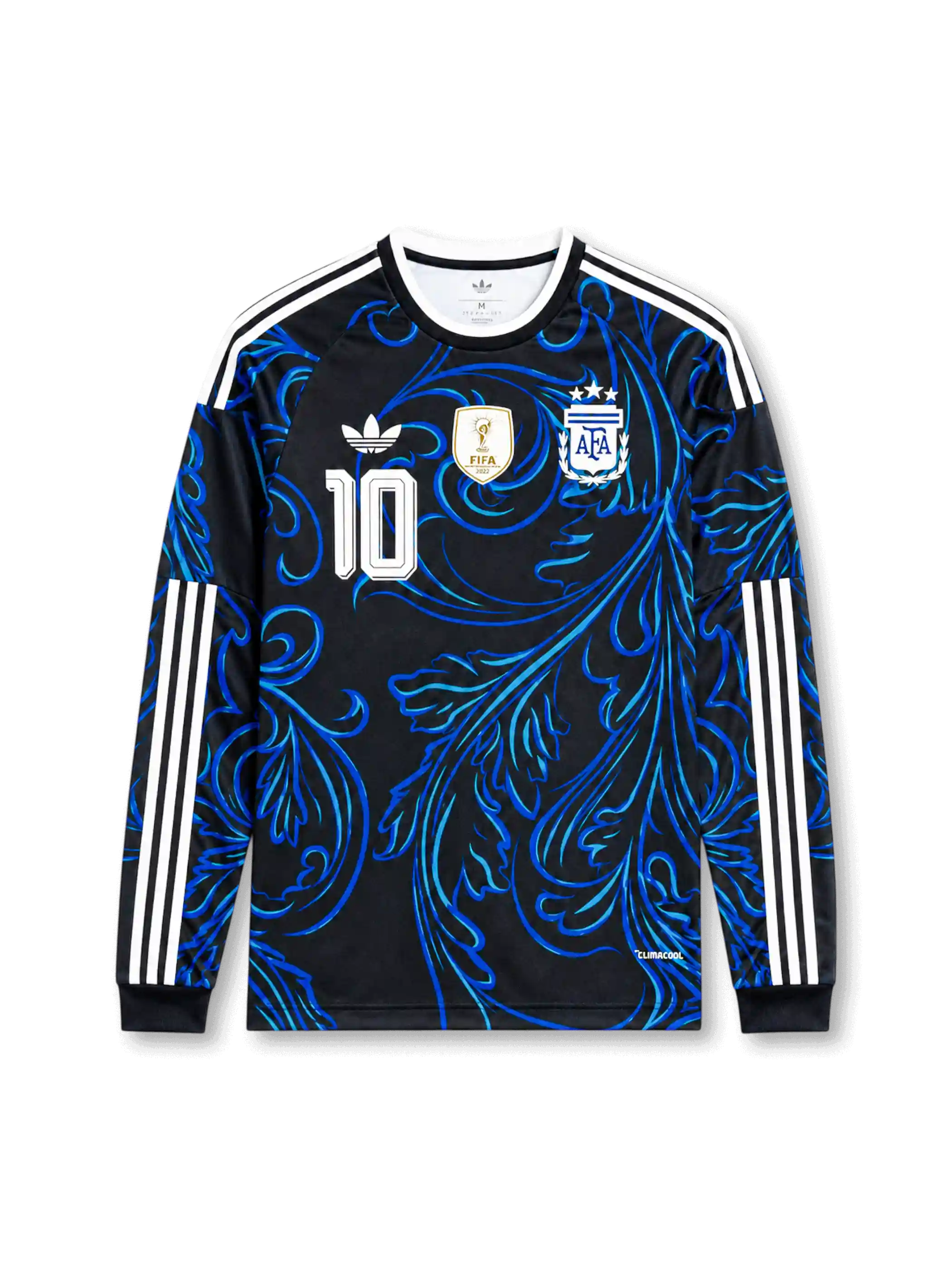 Front view of Argentina 2026 away long sleeve shirt with number 10, Argentina crest, white shoulder stripes, and black-blue graphic design.