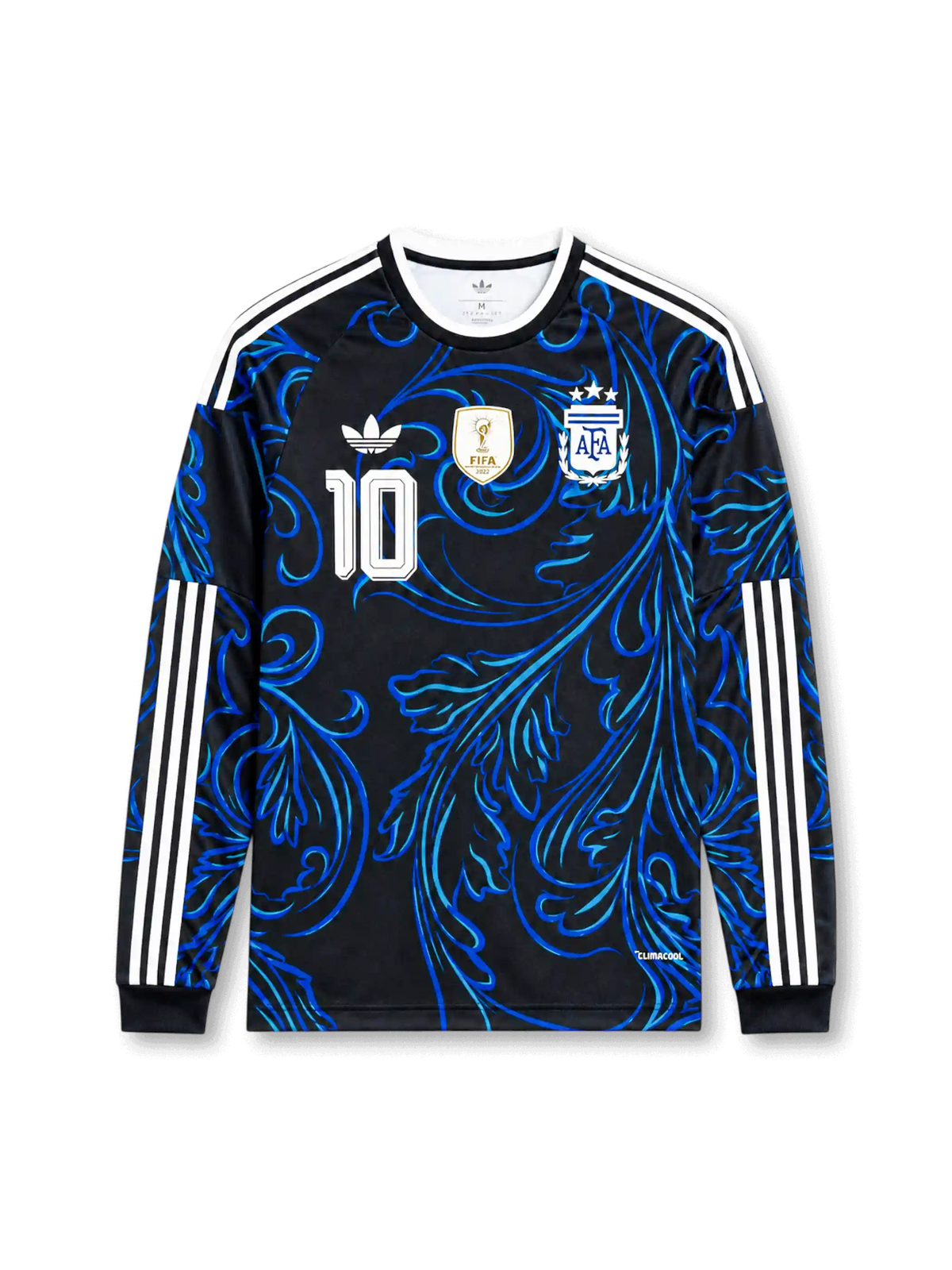 Front view of Argentina 2026 away long sleeve shirt with number 10, Argentina crest, white shoulder stripes, and black-blue graphic design.