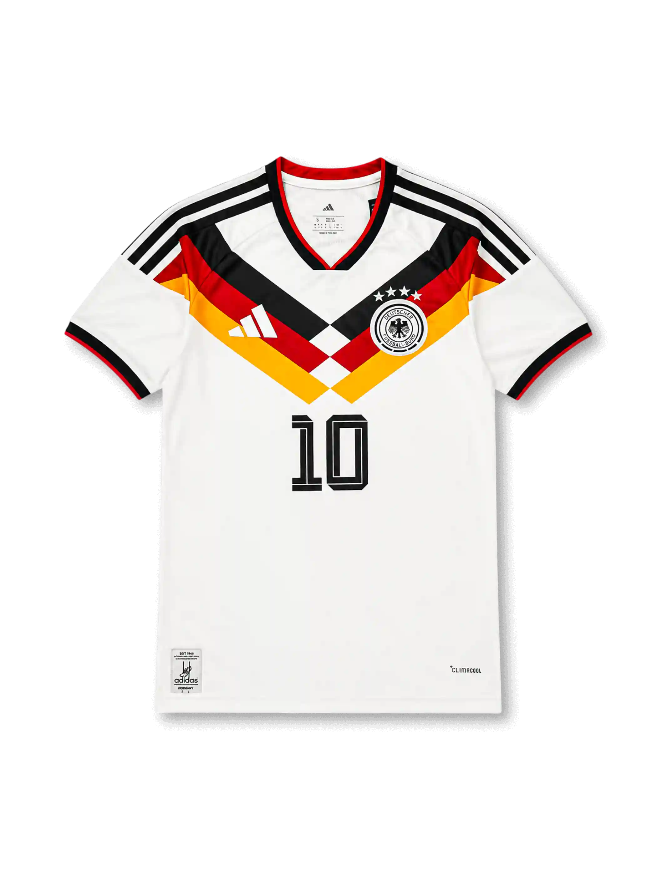 Germany 2026 home shirt with MUSIALA #10, four-star DFB crest, black-red-gold chevron graphics, CLIMACOOL construction, and matching front and back player print.
