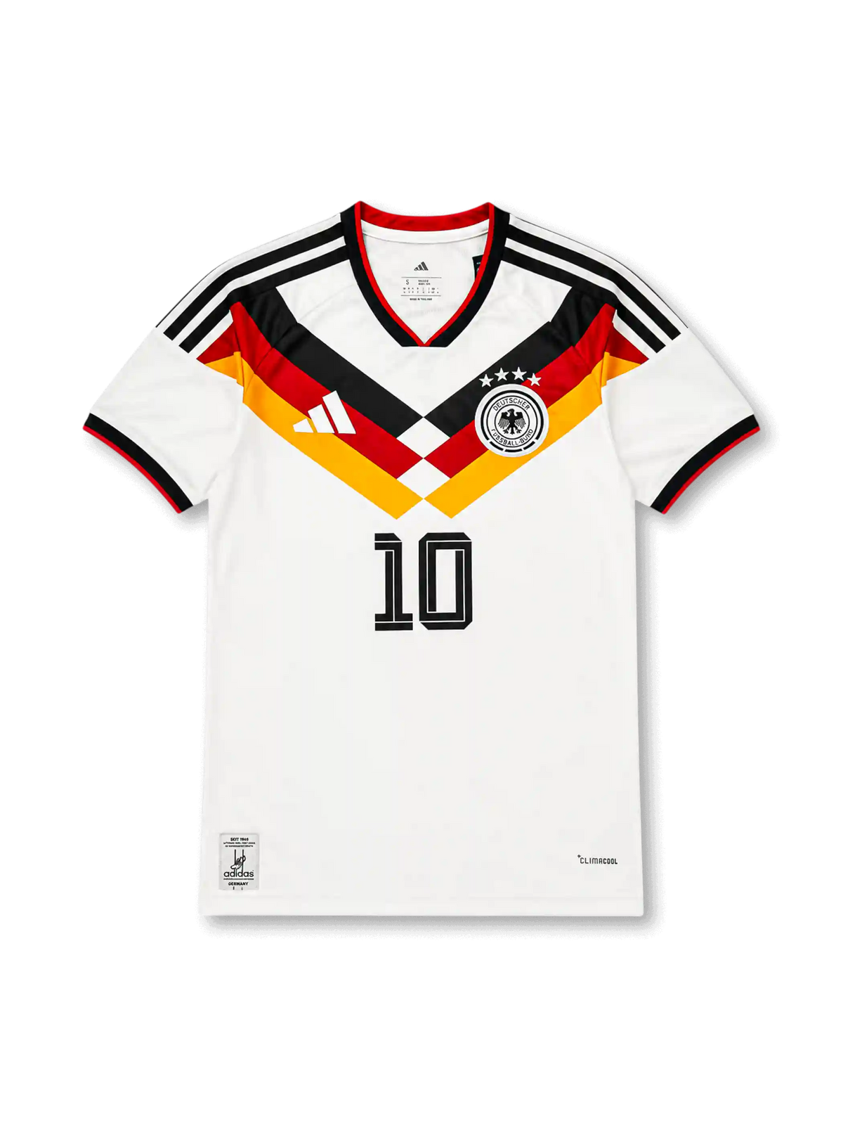 Germany 2026 home shirt with MUSIALA #10, four-star DFB crest, black-red-gold chevron graphics, CLIMACOOL construction, and matching front and back player print.