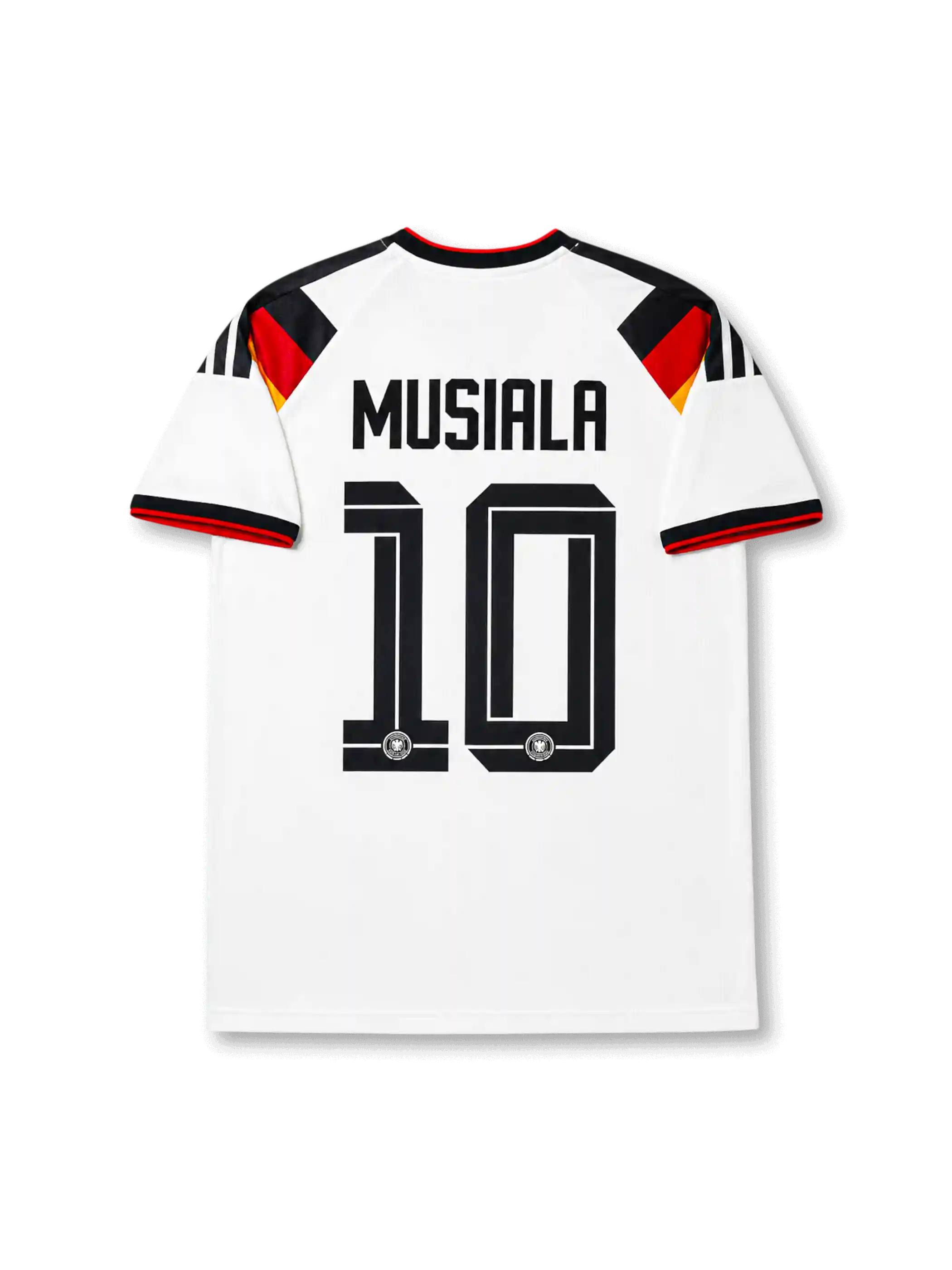 Germany 2026 home shirt with MUSIALA #10, four-star DFB crest, black-red-gold chevron graphics, CLIMACOOL construction, and matching front and back player print.