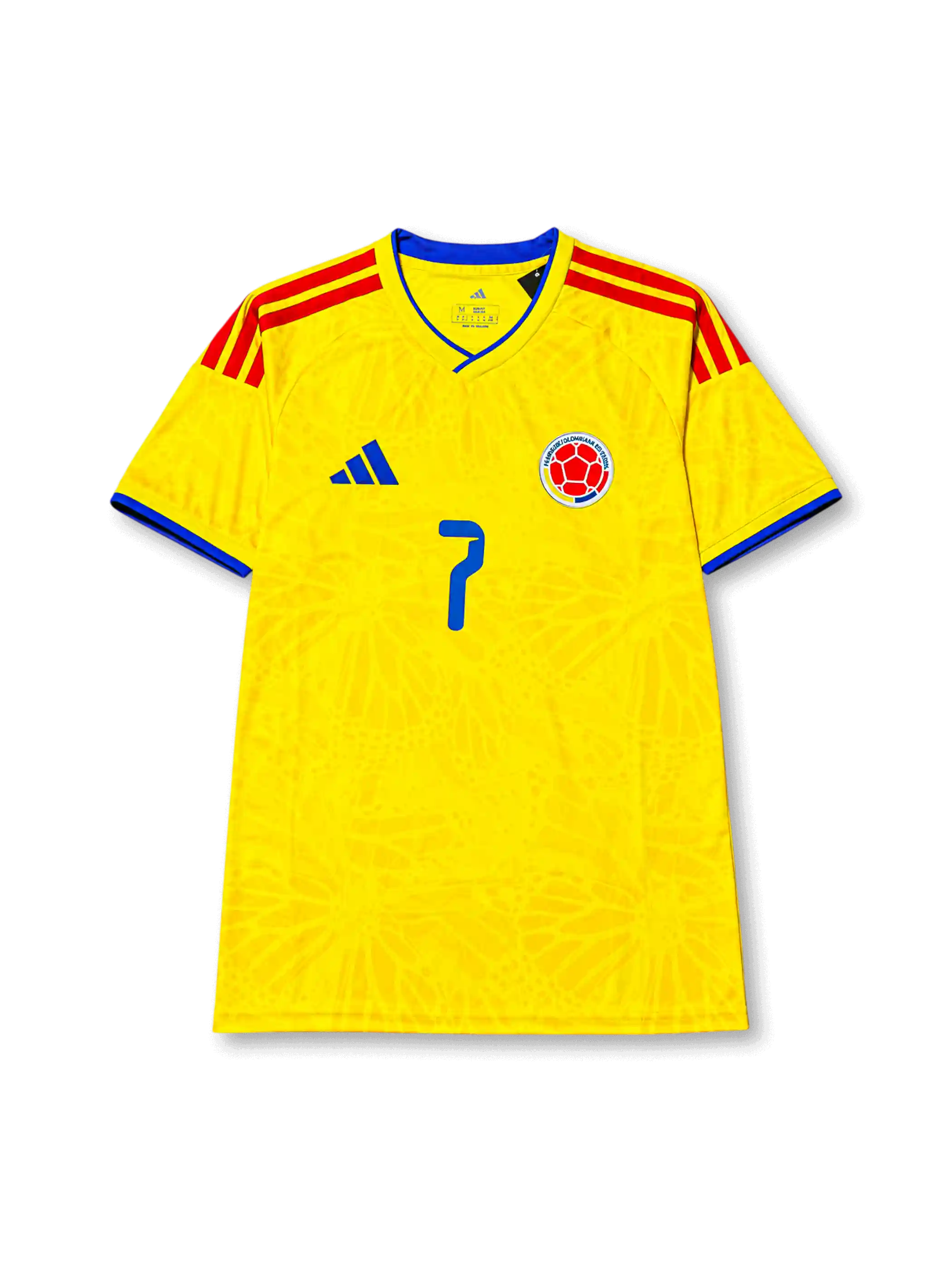 Colombia 2026 home shirt with LUIS DIAZ #7, federation crest, red shoulder stripes, blue trim, and matching front and back player print.