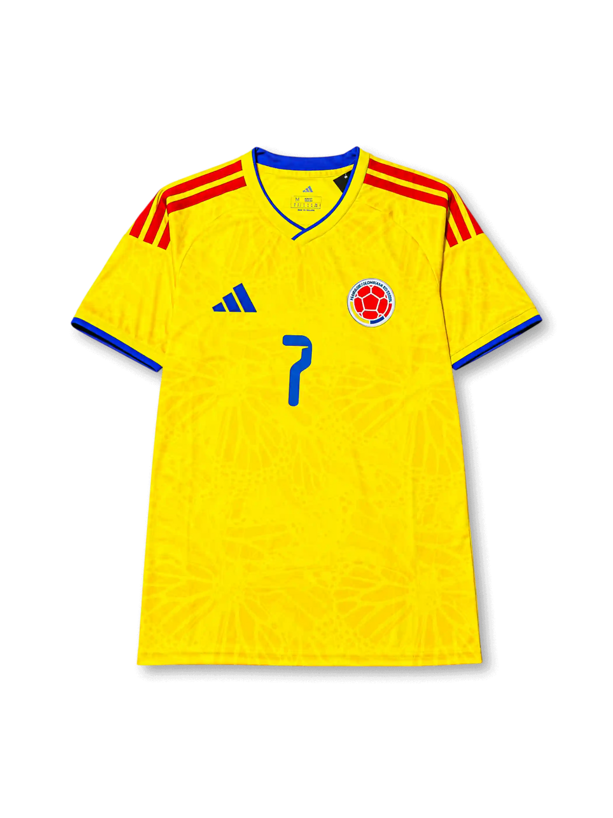 Colombia 2026 home shirt with LUIS DIAZ #7, federation crest, red shoulder stripes, blue trim, and matching front and back player print.