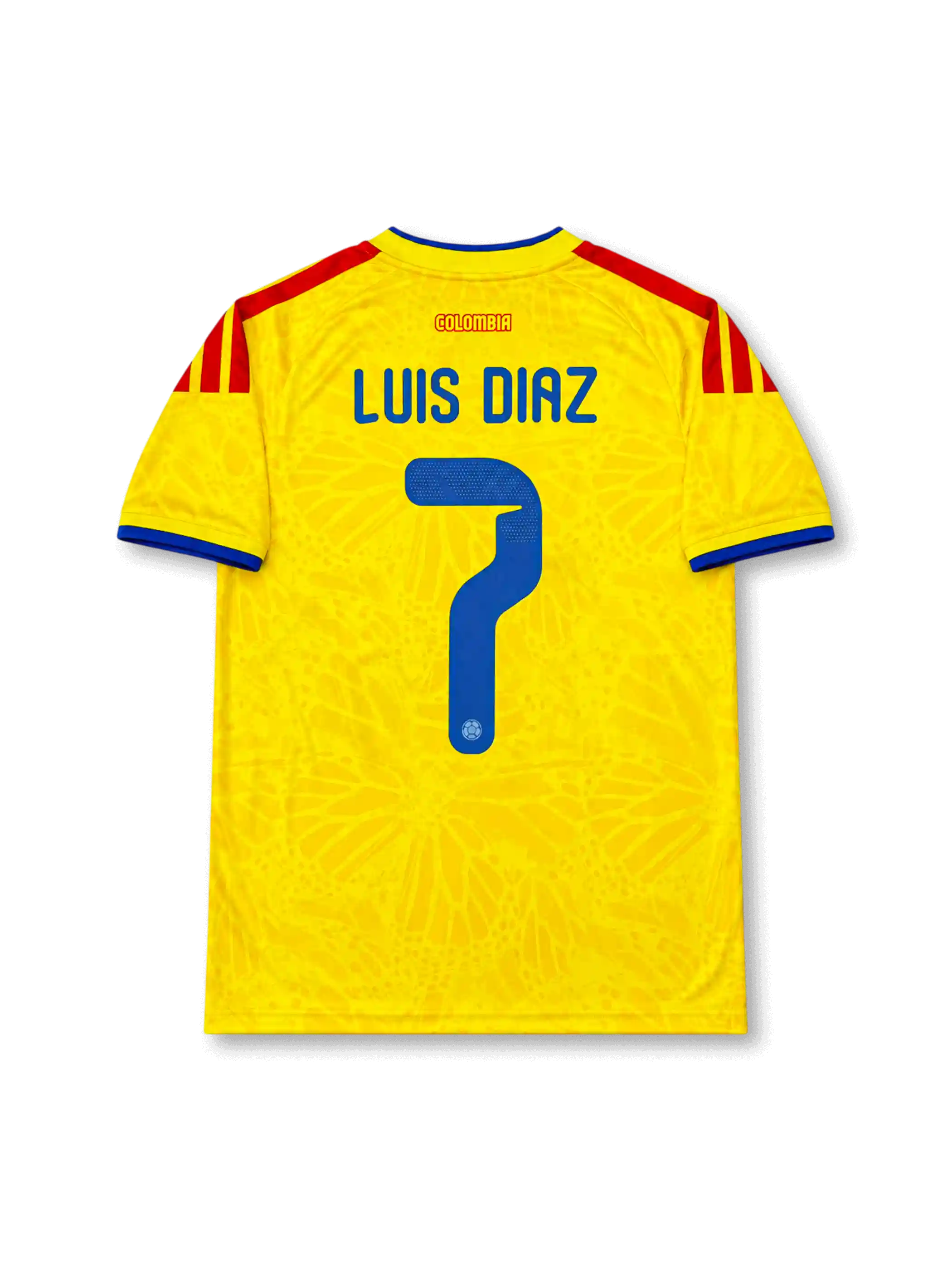 Colombia 2026 home shirt with LUIS DIAZ #7, federation crest, red shoulder stripes, blue trim, and matching front and back player print.