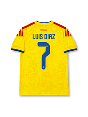 Colombia 2026 home shirt with LUIS DIAZ #7, federation crest, red shoulder stripes, blue trim, and matching front and back player print.
