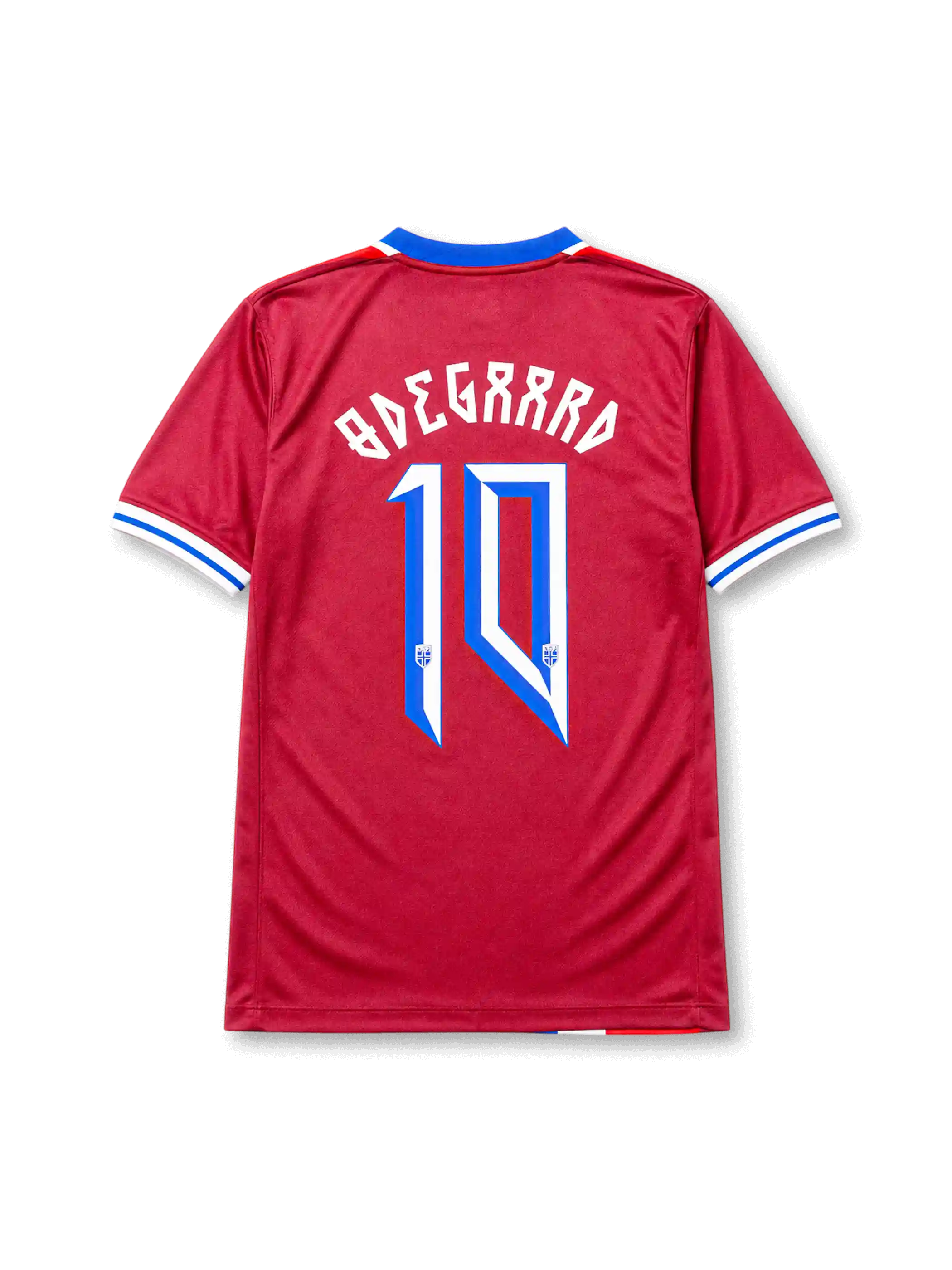 Norway 2026 home shirt with ØDEGAARD #10, federation crest, red-white-blue vertical stripes, burgundy sleeves, and matching front and back player print.