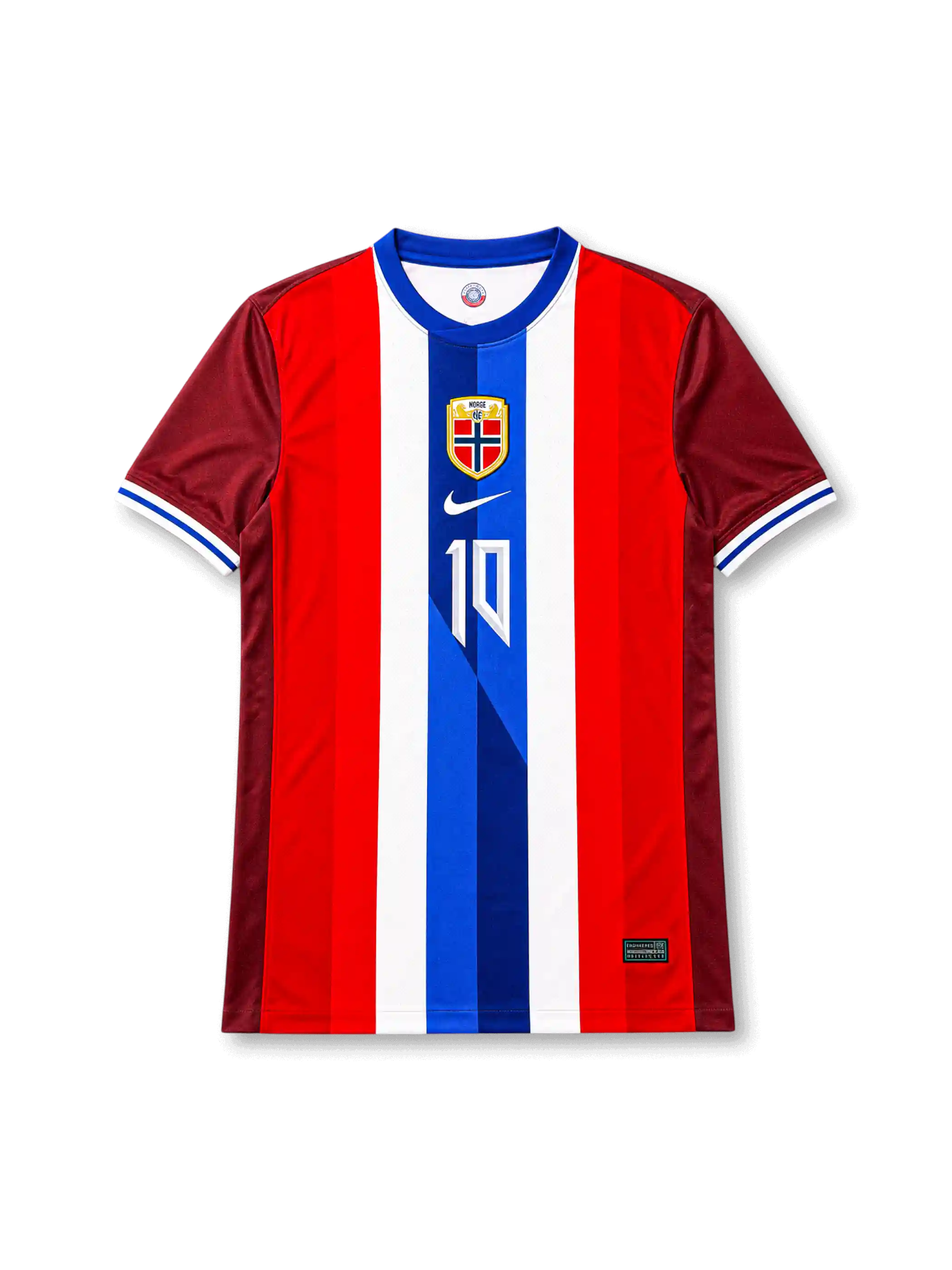 Norway 2026 home shirt with ØDEGAARD #10, federation crest, red-white-blue vertical stripes, burgundy sleeves, and matching front and back player print.