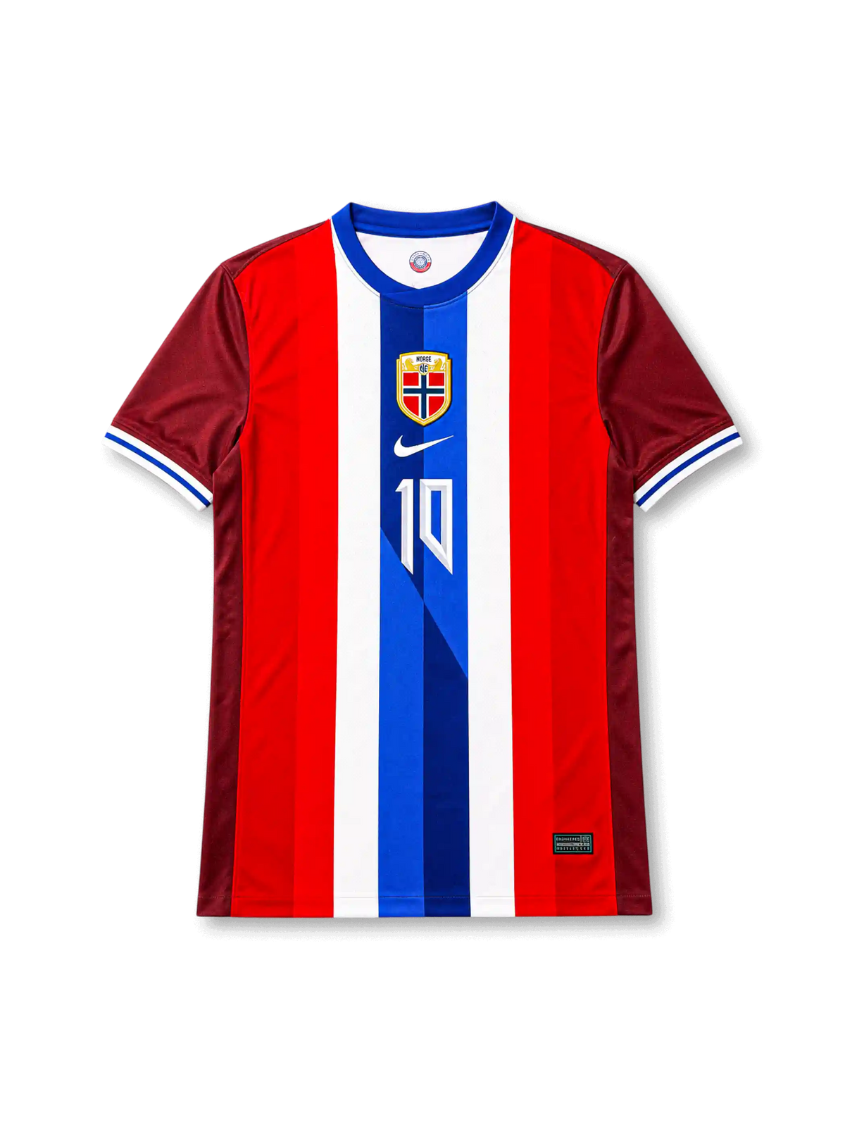 Norway 2026 home shirt with ØDEGAARD #10, federation crest, red-white-blue vertical stripes, burgundy sleeves, and matching front and back player print.