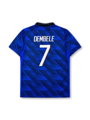 France 2026 home football shirt in blue with DEMBELE #7, white collar, gold crest details, front number 7, and matching back name set.