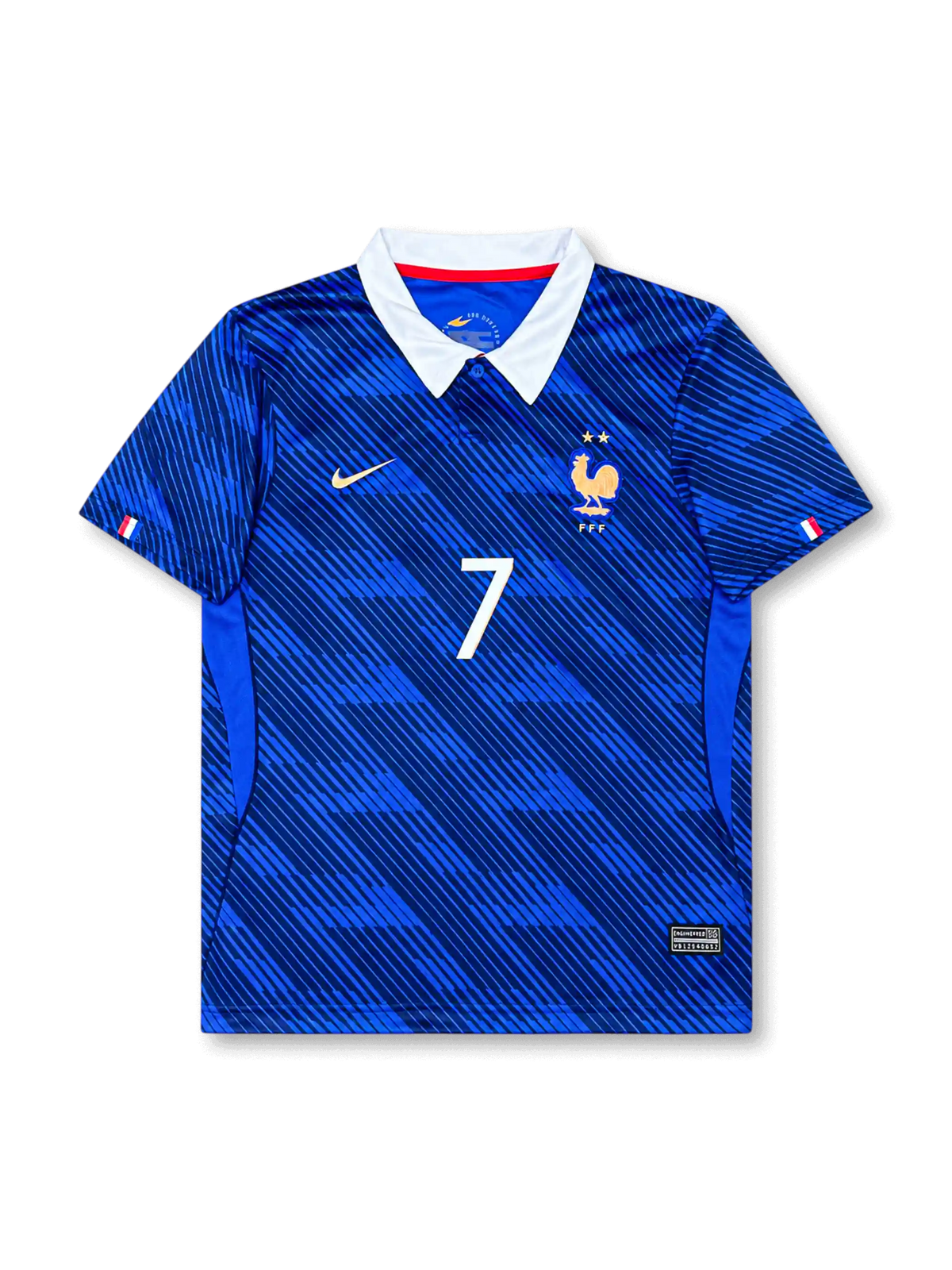 France 2026 home football shirt in blue with DEMBELE #7, white collar, gold crest details, front number 7, and matching back name set.