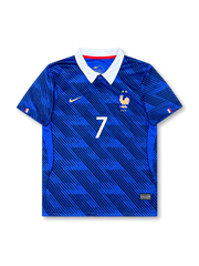 France 2026 home football shirt in blue with DEMBELE #7, white collar, gold crest details, front number 7, and matching back name set.