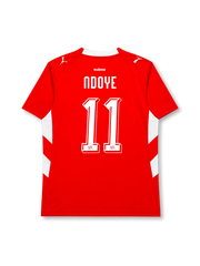 Switzerland 2026 home shirt with NDOYE #11, Swiss federation details, white geometric side panels, DRYCELL construction, and matching front and back player print.