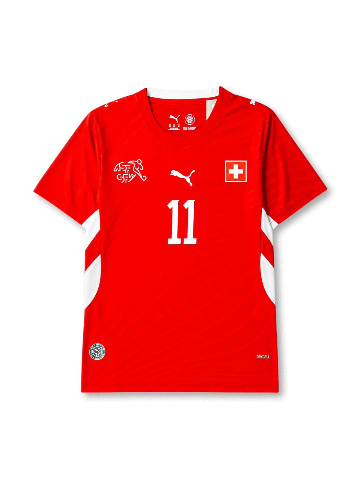 Switzerland 2026 home shirt with NDOYE #11, Swiss federation details, white geometric side panels, DRYCELL construction, and matching front and back player print.