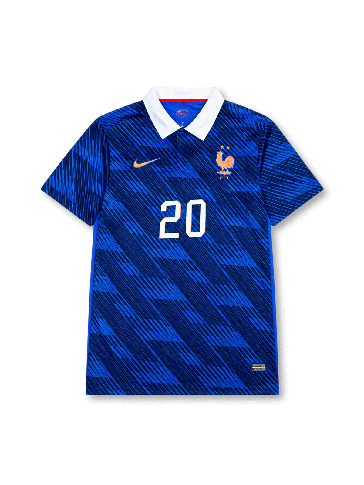 Désiré Doué #20 France 2026 World Cup home blue football jersey with white collar, France crest, front number 20, and DOUÉ name set on the back.