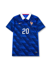 Désiré Doué #20 France 2026 World Cup home blue football jersey with white collar, France crest, front number 20, and DOUÉ name set on the back.