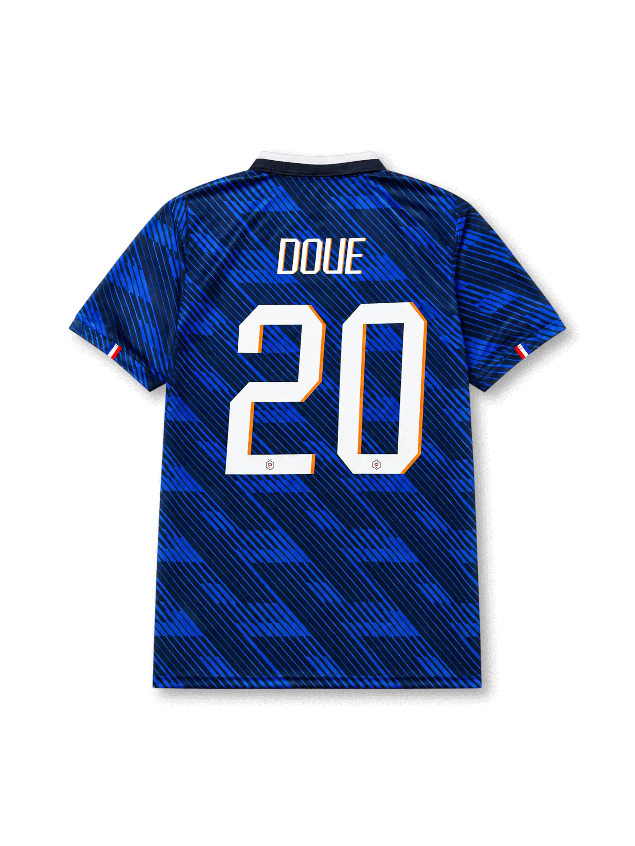 Désiré Doué #20 France 2026 World Cup home blue football jersey with white collar, France crest, front number 20, and DOUÉ name set on the back.