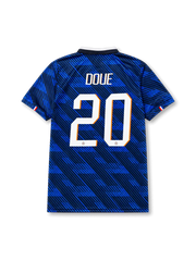 Désiré Doué #20 France 2026 World Cup home blue football jersey with white collar, France crest, front number 20, and DOUÉ name set on the back.