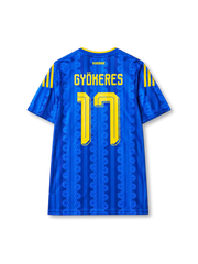 Viktor Gyökeres #11 Sweden 2026 World Cup away football jersey in blue with yellow trim, Sweden crest, front number 11, and Gyökeres name and number on the back.