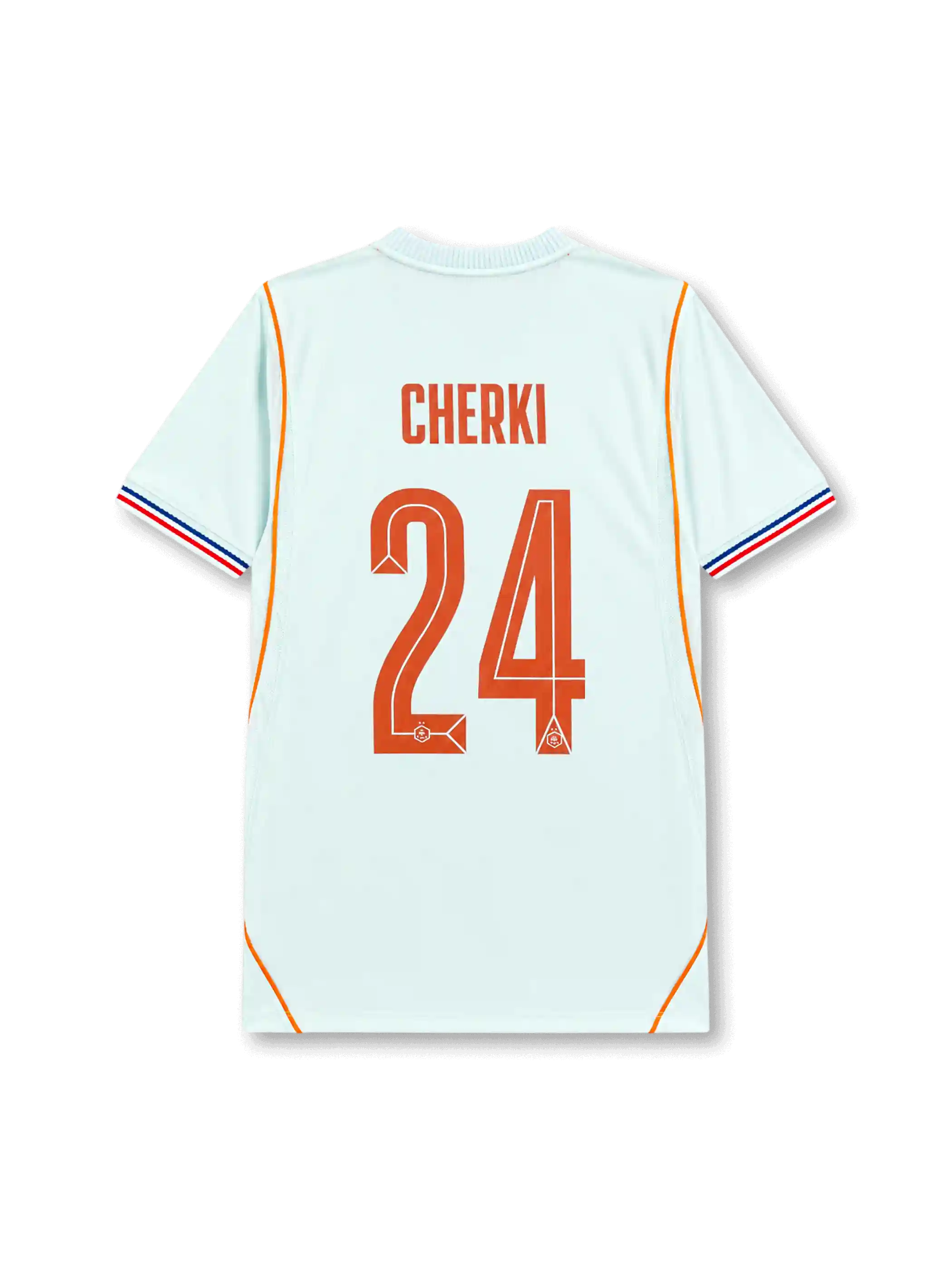 Rayan Cherki #24 France 2026 World Cup away football jersey in light blue with orange details, France crest, front number 24, and Cherki name and number on the back.