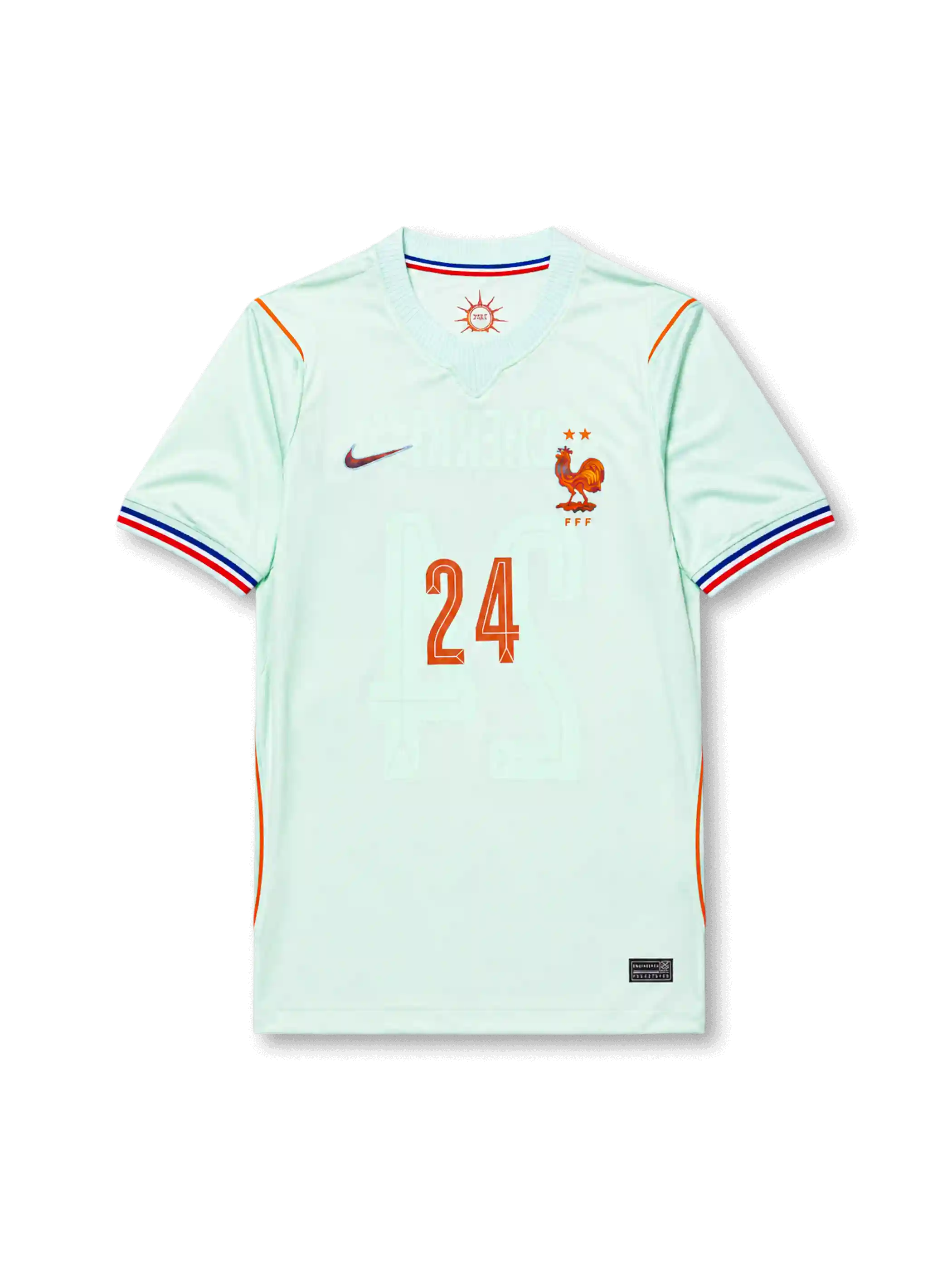 Rayan Cherki #24 France 2026 World Cup away football jersey in light blue with orange details, France crest, front number 24, and Cherki name and number on the back.