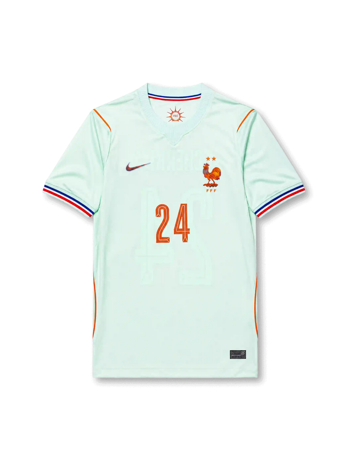 Rayan Cherki #24 France 2026 World Cup away football jersey in light blue with orange details, France crest, front number 24, and Cherki name and number on the back.