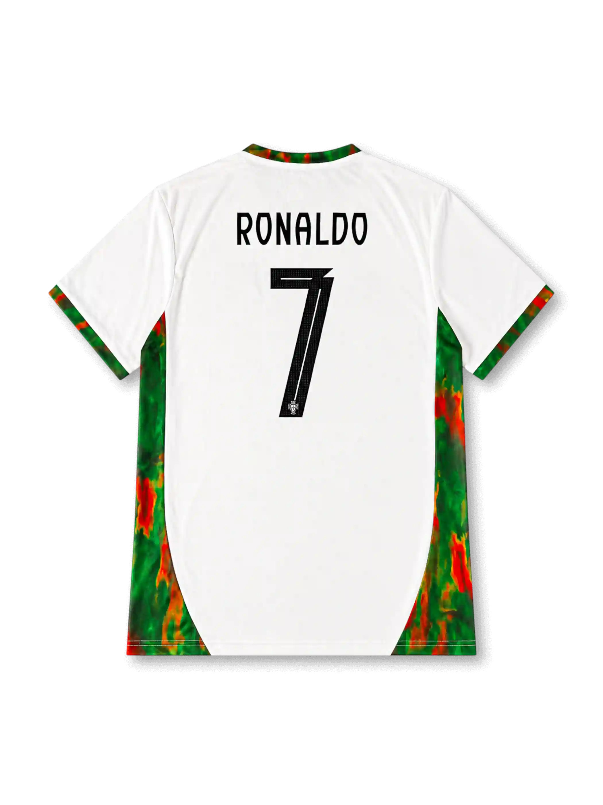 Cristiano Ronaldo #7 Portugal 2026 World Cup away football jersey with white base, green and red details, Portugal crest, front number 7, and Ronaldo name and number on the back.