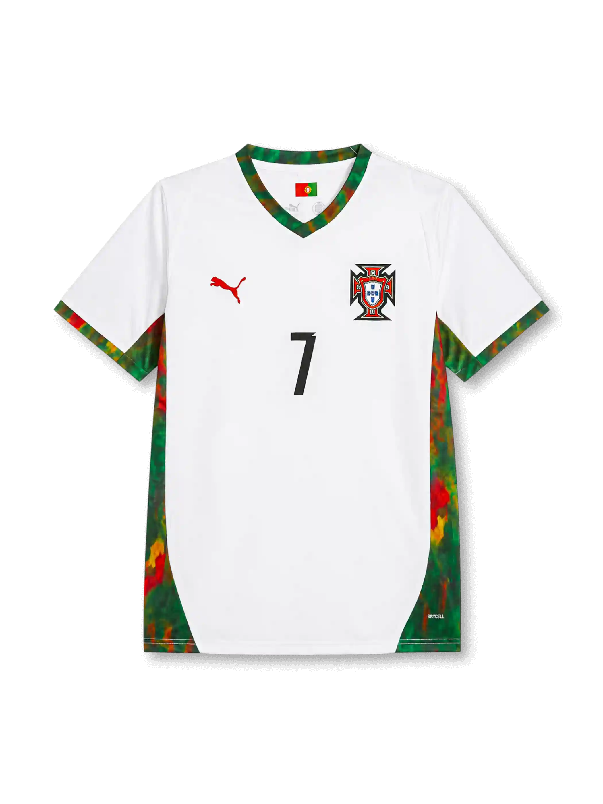 Cristiano Ronaldo #7 Portugal 2026 World Cup away football jersey with white base, green and red details, Portugal crest, front number 7, and Ronaldo name and number on the back.