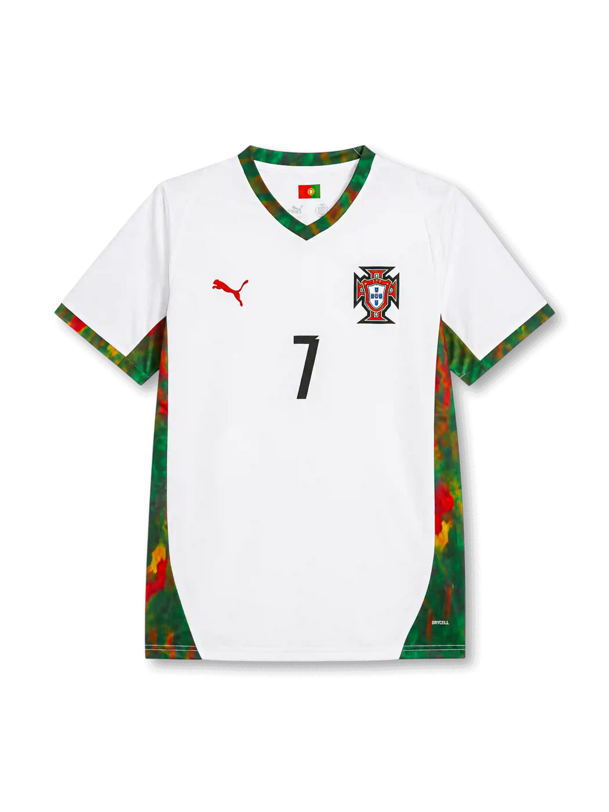 Cristiano Ronaldo #7 Portugal 2026 World Cup away football jersey with white base, green and red details, Portugal crest, front number 7, and Ronaldo name and number on the back.