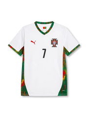 Cristiano Ronaldo #7 Portugal 2026 World Cup away football jersey with white base, green and red details, Portugal crest, front number 7, and Ronaldo name and number on the back.