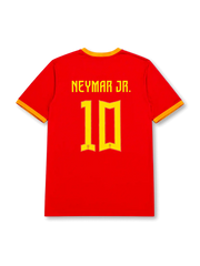 Neymar Jr. #10 Brazil 2026 World Cup red football jersey with yellow trim, Brazil crest, front number 10, and Neymar Jr. name and number on the back.