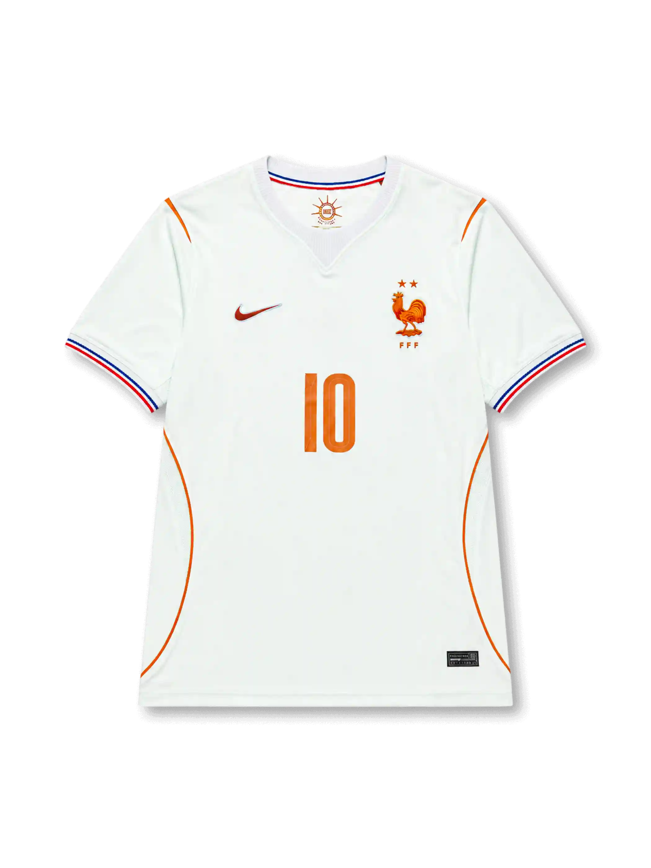 Kylian Mbappé #10 France 2026 World Cup away jersey in off-white with orange number 10 on the front and MBAPPÉ name and number 10 on the back.