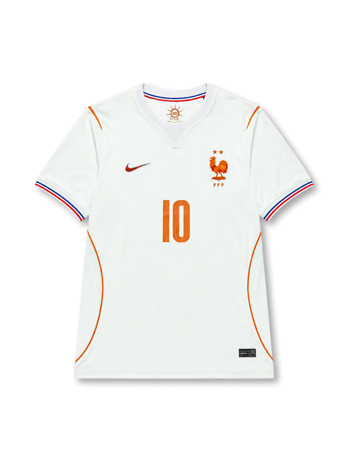 Kylian Mbappé #10 France 2026 World Cup away jersey in off-white with orange number 10 on the front and MBAPPÉ name and number 10 on the back.
